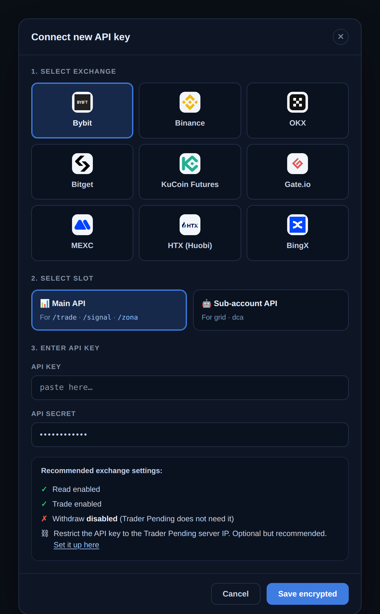 Modal Hubungkan API key baru: pilih exchange, pilih slot, tempel API Key dan Secret, lalu ikuti setelan yang disarankan