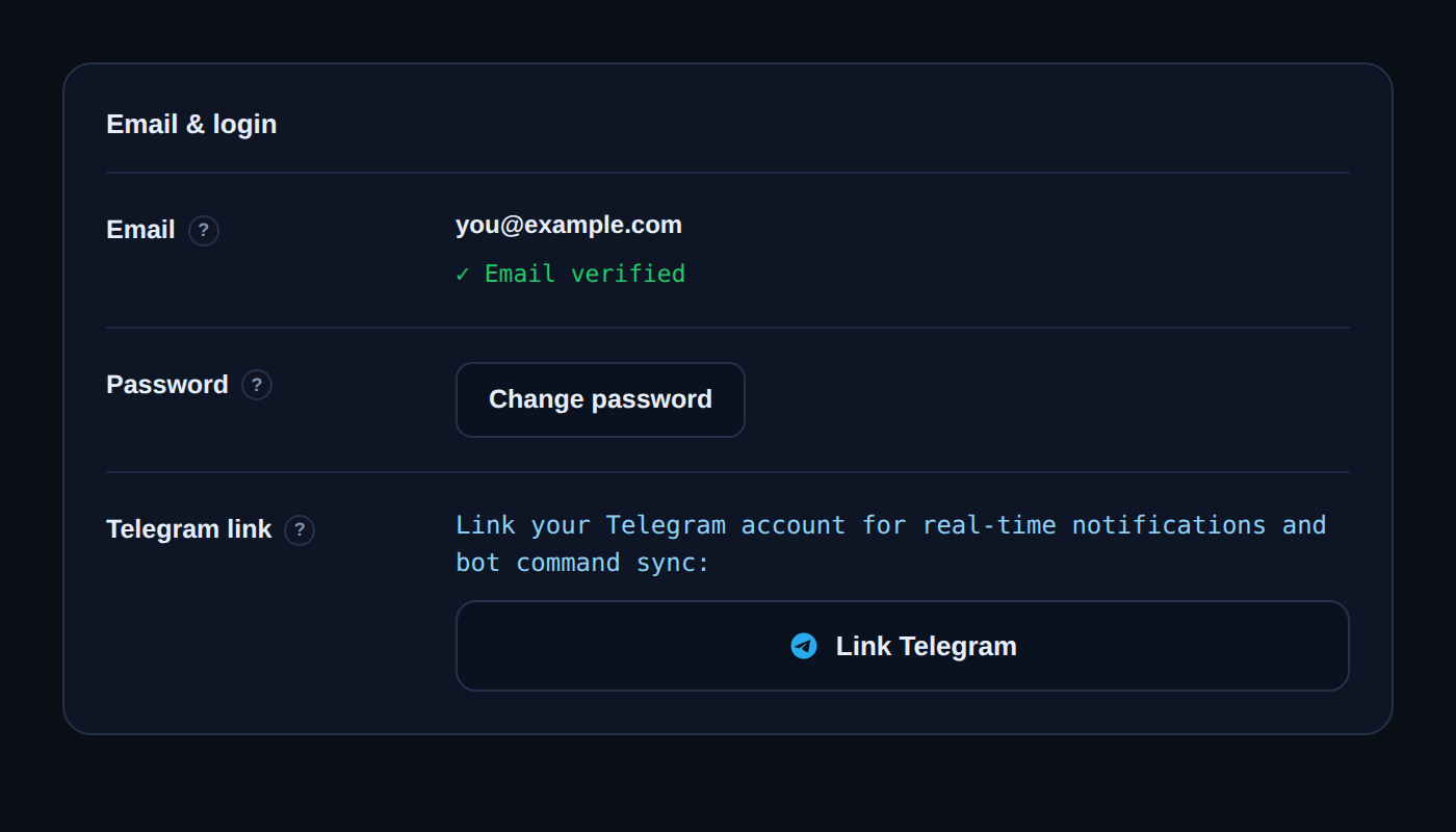 Settings Account: bagian Telegram link dengan tombol Hubungkan Telegram