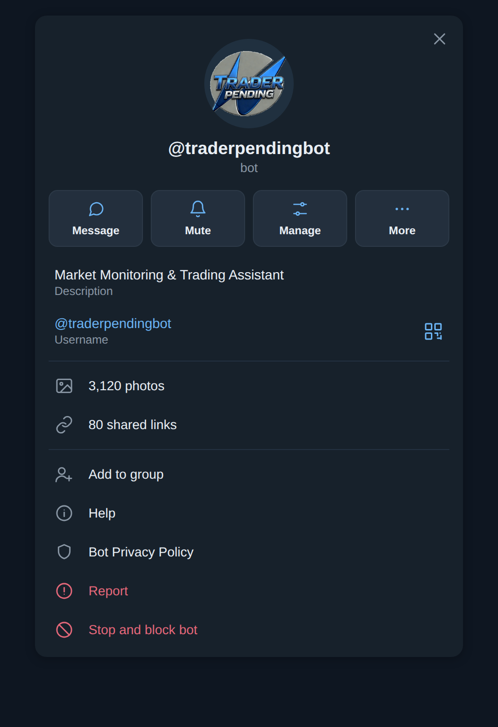 Profil bot @traderpendingbot di Telegram: Market Monitoring & Trading Assistant