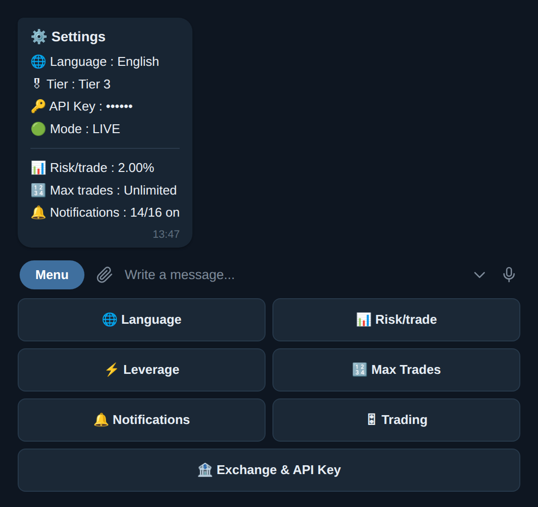 Panel Setting di bot Telegram: bahasa, tier, risk per trade, dan tombol tiap pengaturan