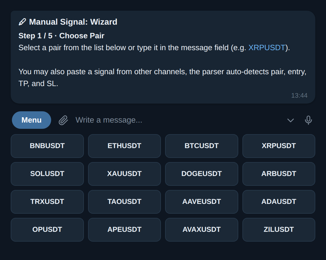 Wizard /signal langkah 1 dari 5 di bot Telegram: pilih pair, atau tempel sinyal dari kanal