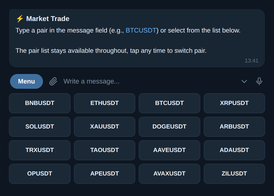 Panel /trade di bot Telegram: ketik pair di kolom pesan atau pilih dari daftar