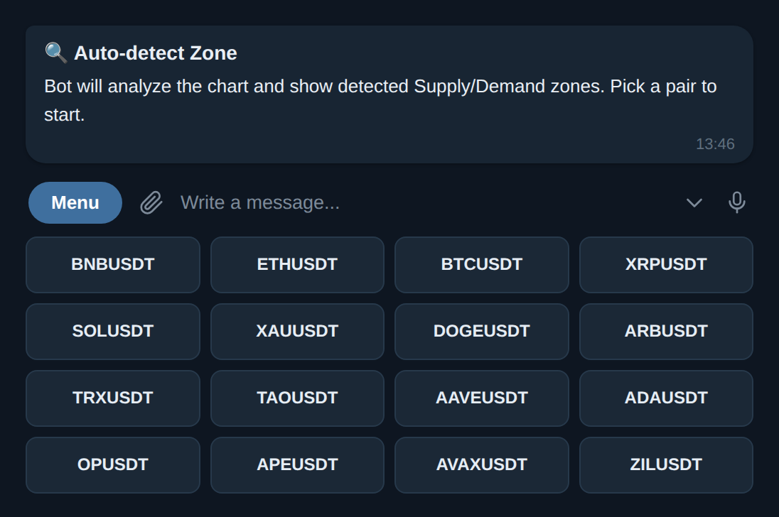 Auto-detect zona di bot Telegram: pilih pair untuk mulai analisa Supply/Demand